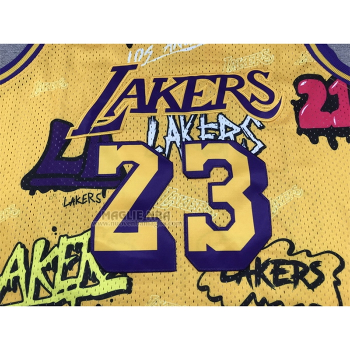 Maglia
 LeBron James NO 23 Los Angeles Lakers Mitchell & Ness Slap Sticker 2018-19 Giallo
